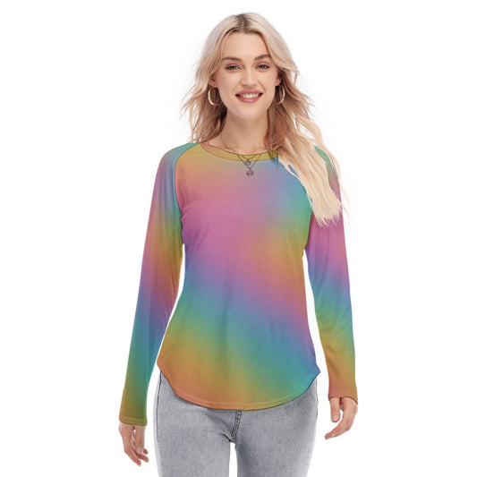 Women's Raglan Sleeves U-Shaped Hem Long Sleeves Blouse