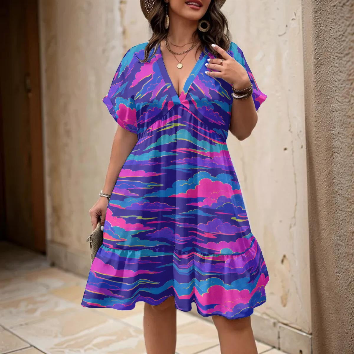 Women's Floral V-Neck Short Sleeve Dress by O’Nimbus – view 2