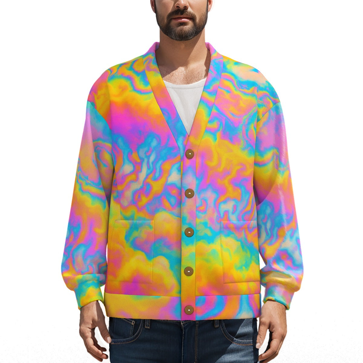 Unisex V-neck Knitted Fleece Cardigan With Button Closure