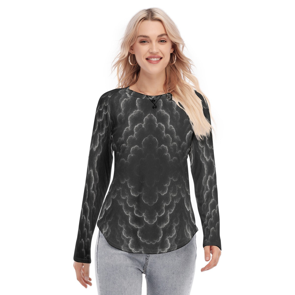 Women's Raglan Sleeves U-Shaped Hem Long Sleeves Blouse