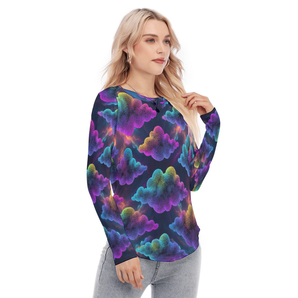 Women's Raglan Sleeves U-Shaped Hem Long Sleeves Blouse