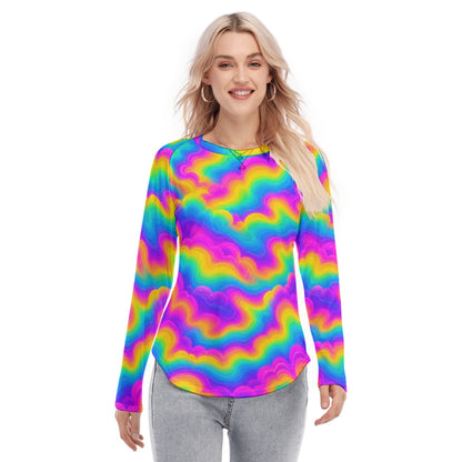 Women's Raglan Sleeves U-Shaped Hem Long Sleeves Blouse