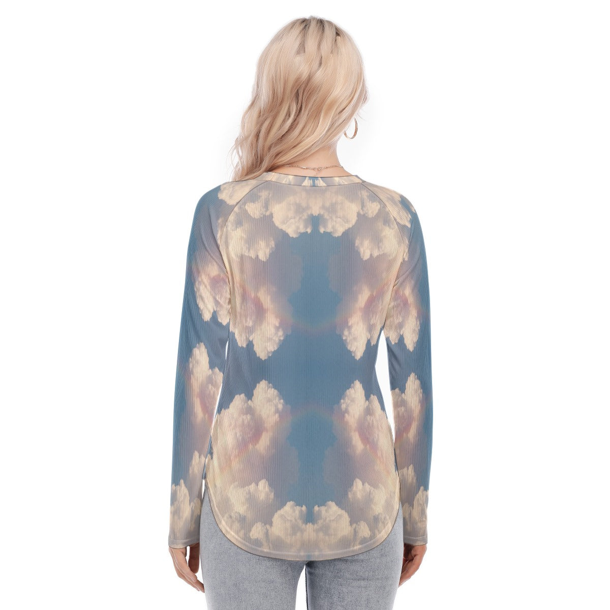 Women's Raglan Sleeves U-Shaped Hem Long Sleeves Blouse