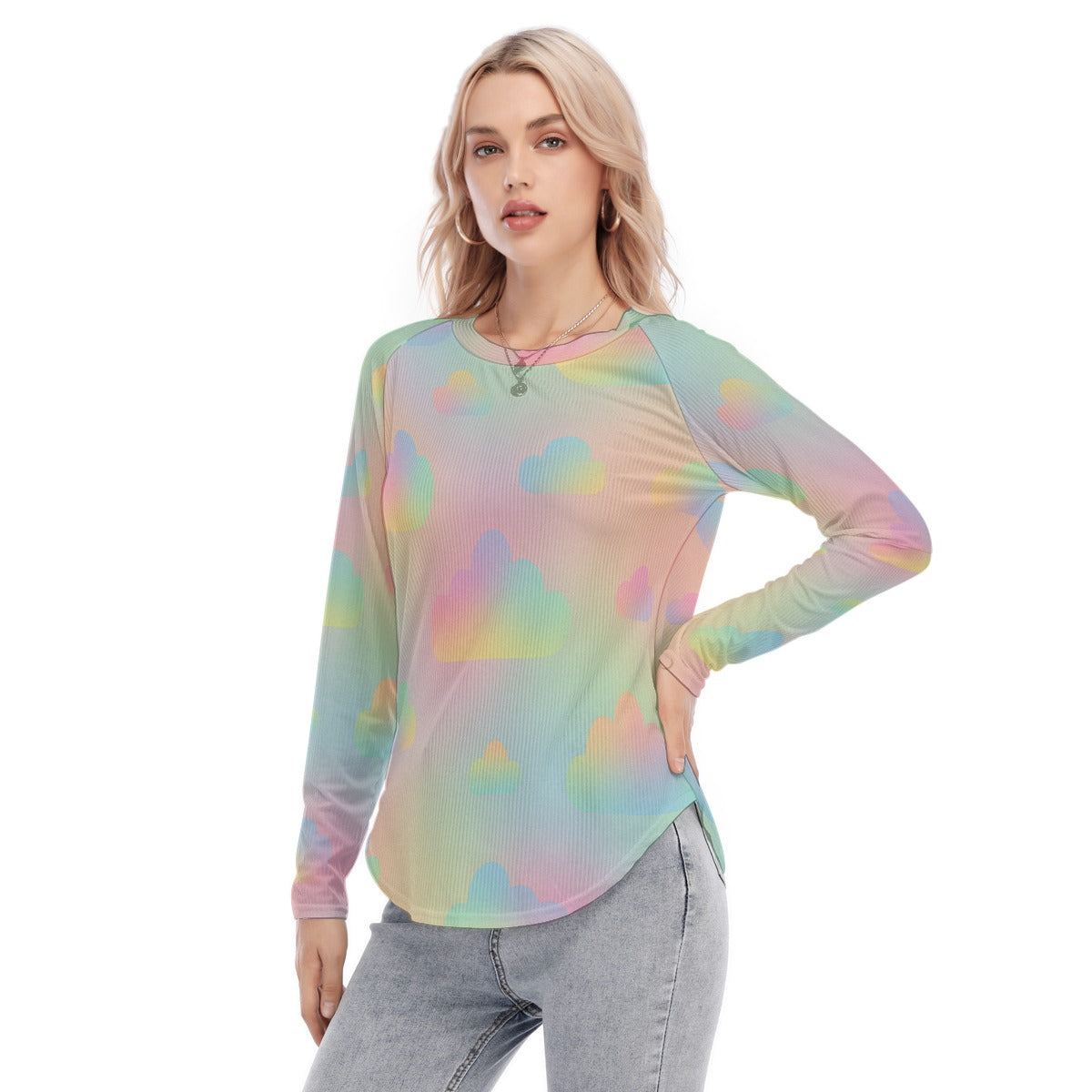 Women's Raglan Sleeves U-Shaped Hem Long Sleeves Blouse