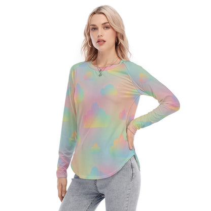 Women's Raglan Sleeves U-Shaped Hem Long Sleeves Blouse