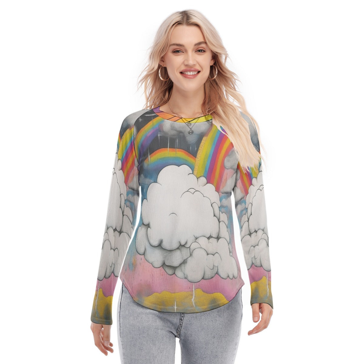 Women's Raglan Sleeves U-Shaped Hem Long Sleeves Blouse