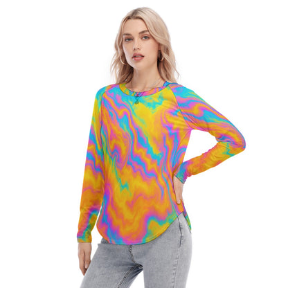 Women's Raglan Sleeves U-Shaped Hem Long Sleeves Blouse