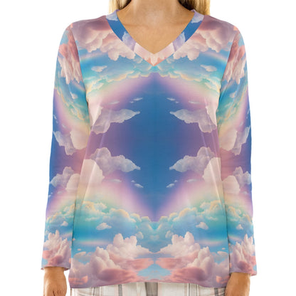 Women's Loose V-Neck T-Shirt With Long Sleeve