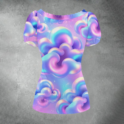 All-over print Women's Puff Sleeve Pleated Shirt