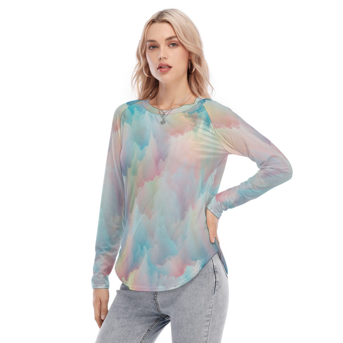 Women's Raglan Sleeves U-Shaped Hem Long Sleeves Blouse