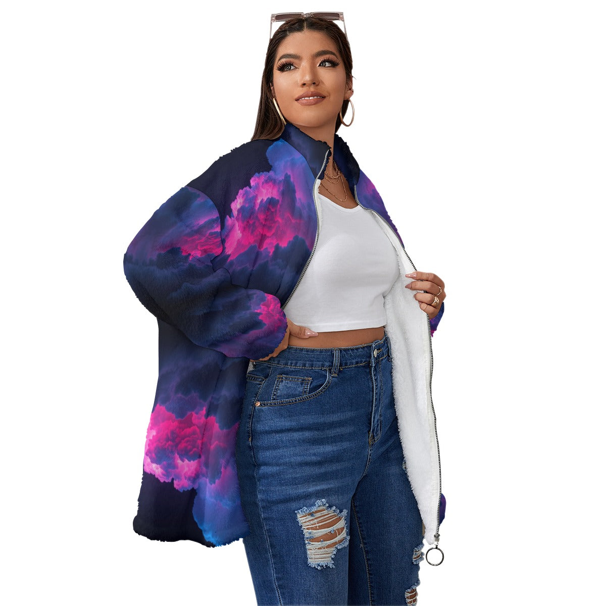 Unisex Borg Fleece Stand-up Collar Coat With Zipper Closure(Plus Size)