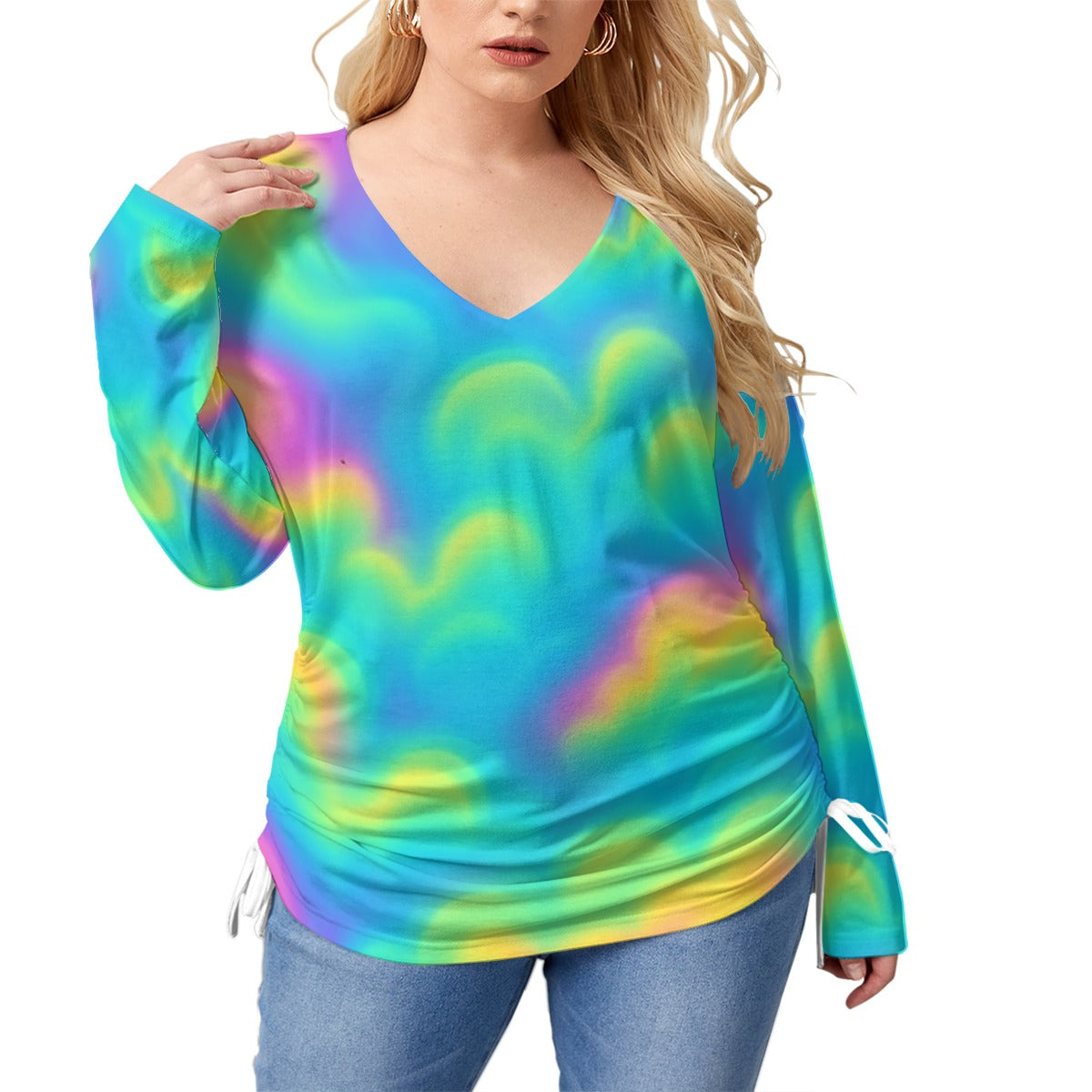 Unisex Women’s V-neck T-shirt With Side Drawstring(Plus Size)