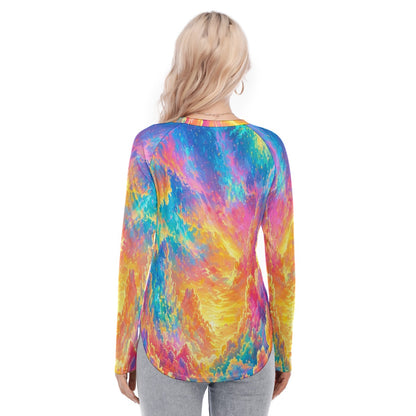 Women's Raglan Sleeves U-Shaped Hem Long Sleeves Blouse