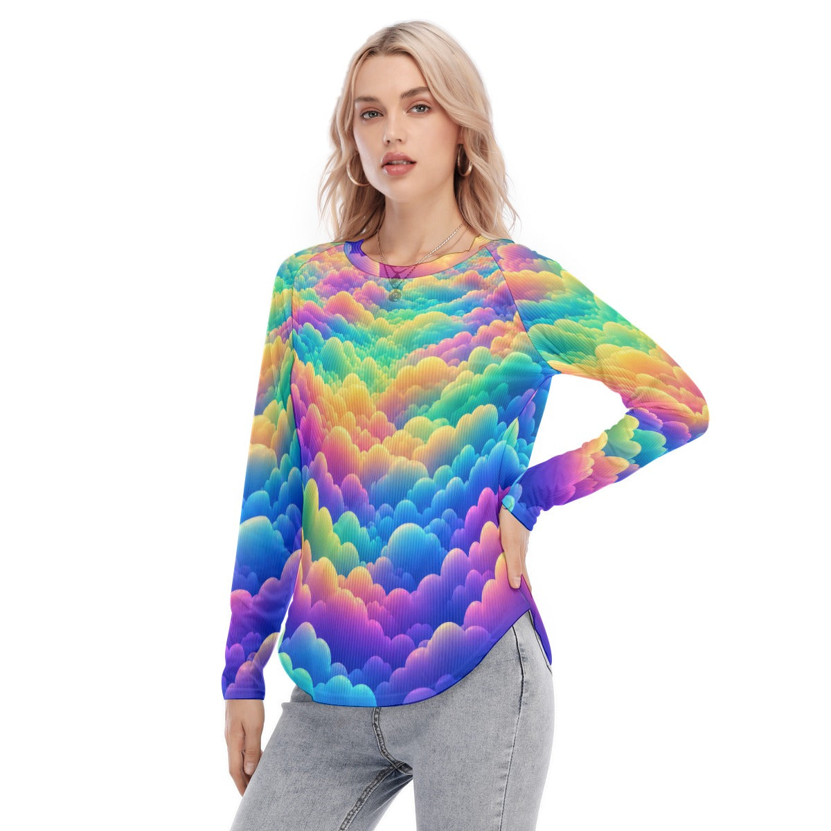 Women's Raglan Sleeves U-Shaped Hem Long Sleeves Blouse