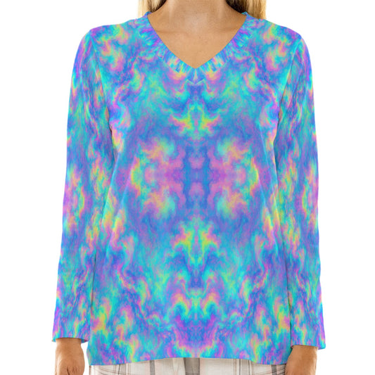 Women's Loose V-Neck T-Shirt With Long Sleeve