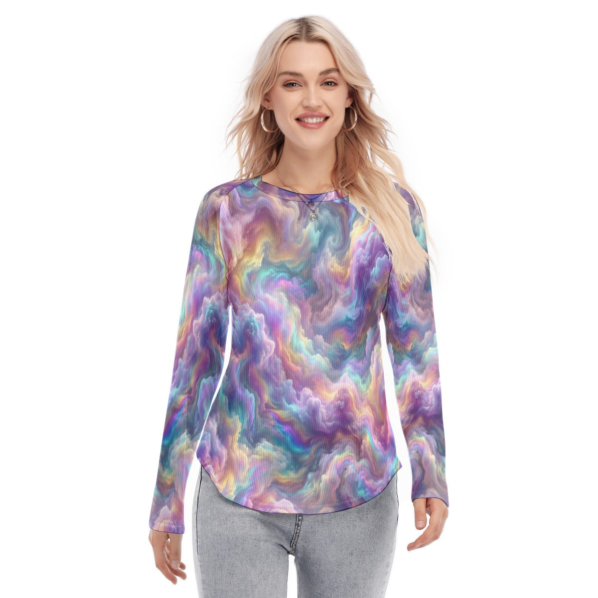 Women's Raglan Sleeves U-Shaped Hem Long Sleeves Blouse