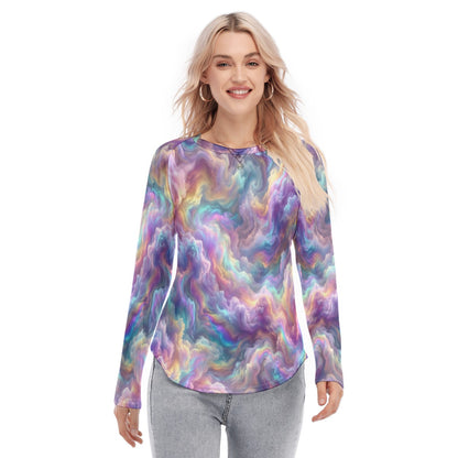Women's Raglan Sleeves U-Shaped Hem Long Sleeves Blouse