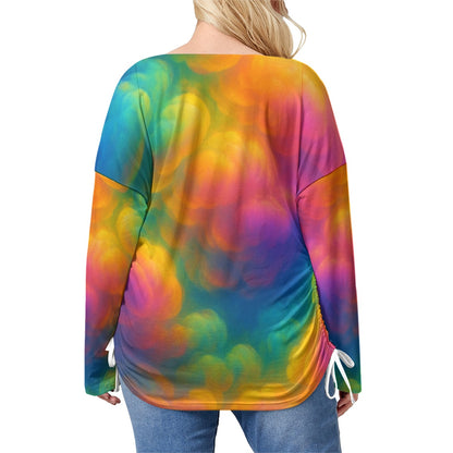 Unisex Women’s V-neck T-shirt With Side Drawstring(Plus Size)