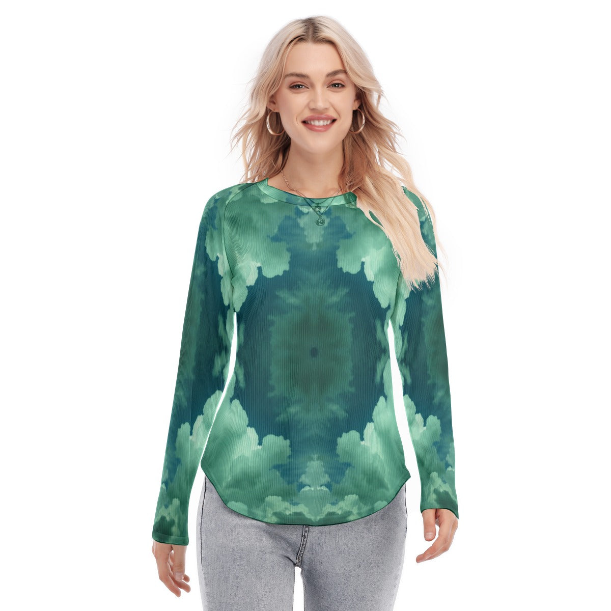 Women's Raglan Sleeves U-Shaped Hem Long Sleeves Blouse