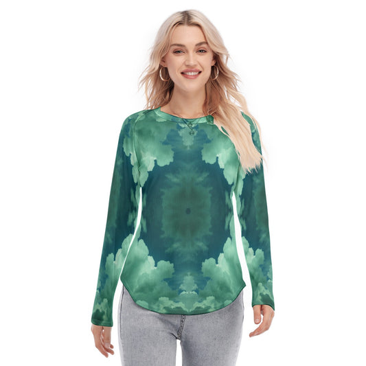 Women's Raglan Sleeves U-Shaped Hem Long Sleeves Blouse