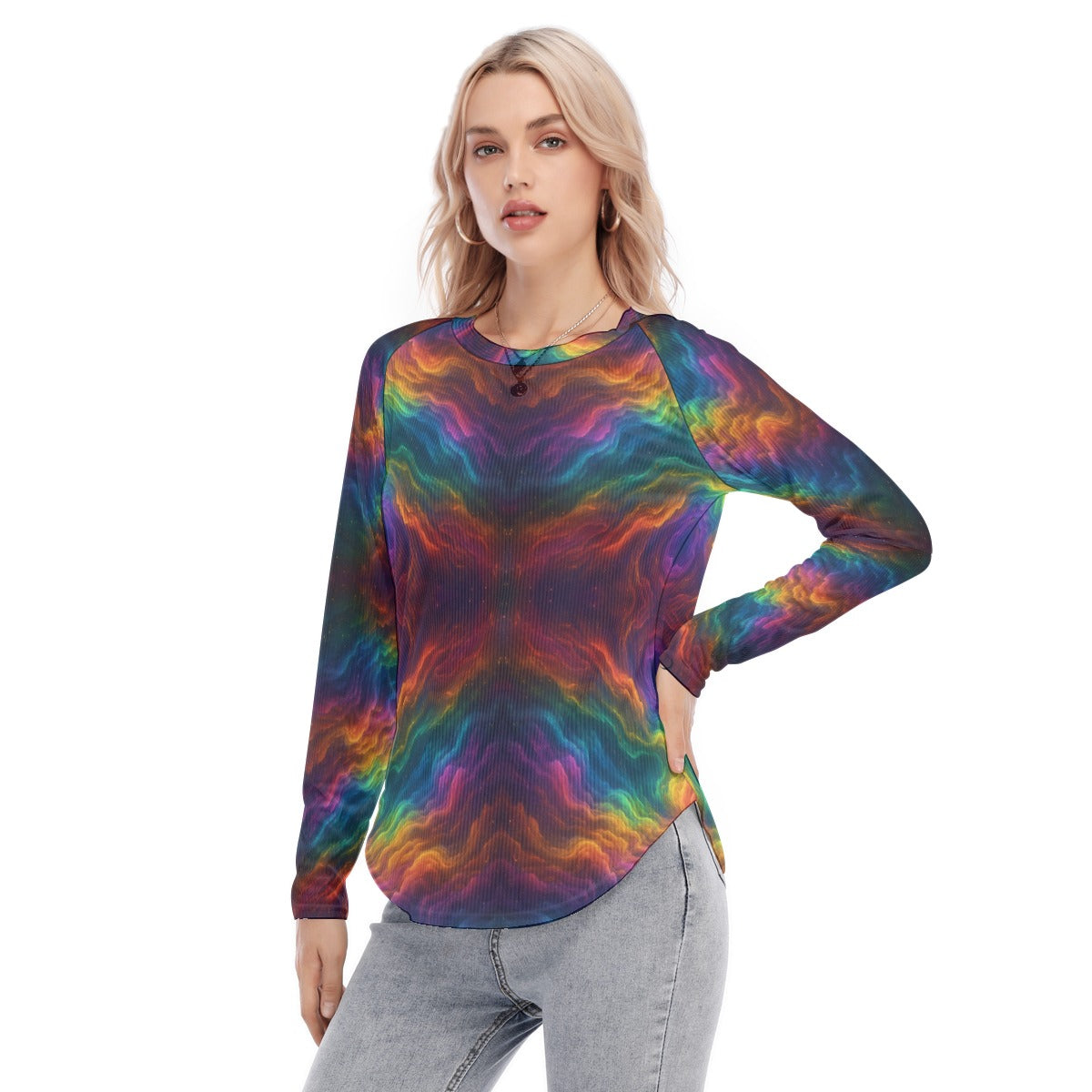 Women's Raglan Sleeves U-Shaped Hem Long Sleeves Blouse