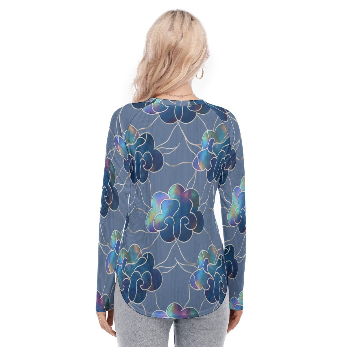 Women's Raglan Sleeves U-Shaped Hem Long Sleeves Blouse