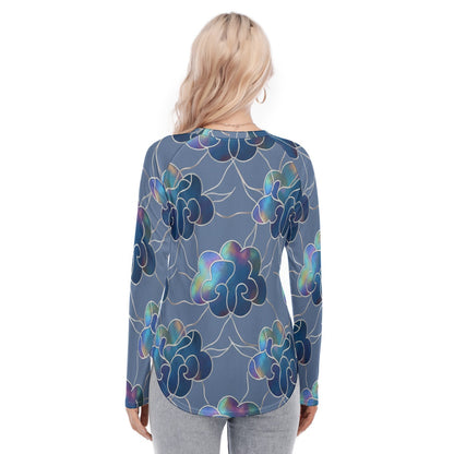 Women's Raglan Sleeves U-Shaped Hem Long Sleeves Blouse