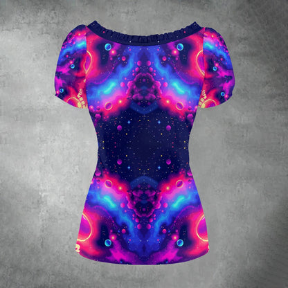 All-over print Women's Puff Sleeve Pleated Shirt