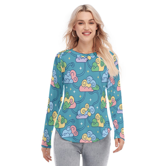 Women's Raglan Sleeves U-Shaped Hem Long Sleeves Blouse