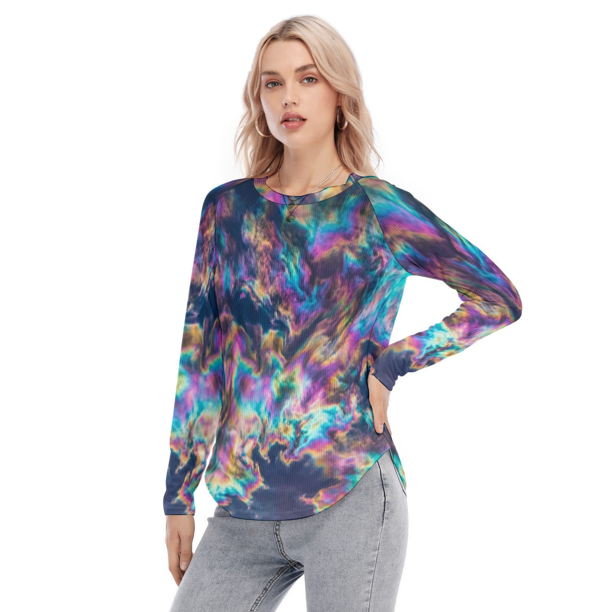 Women's Raglan Sleeves U-Shaped Hem Long Sleeves Blouse