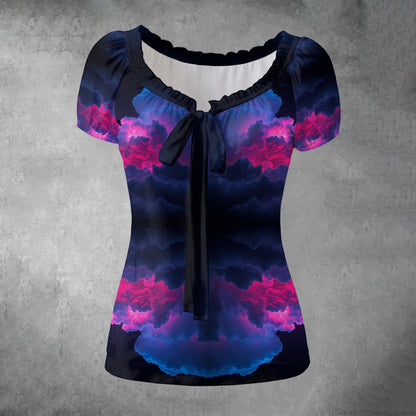 All-over print Women's Puff Sleeve Pleated Shirt