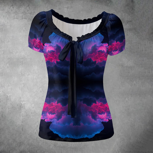 All-over print Women's Puff Sleeve Pleated Shirt