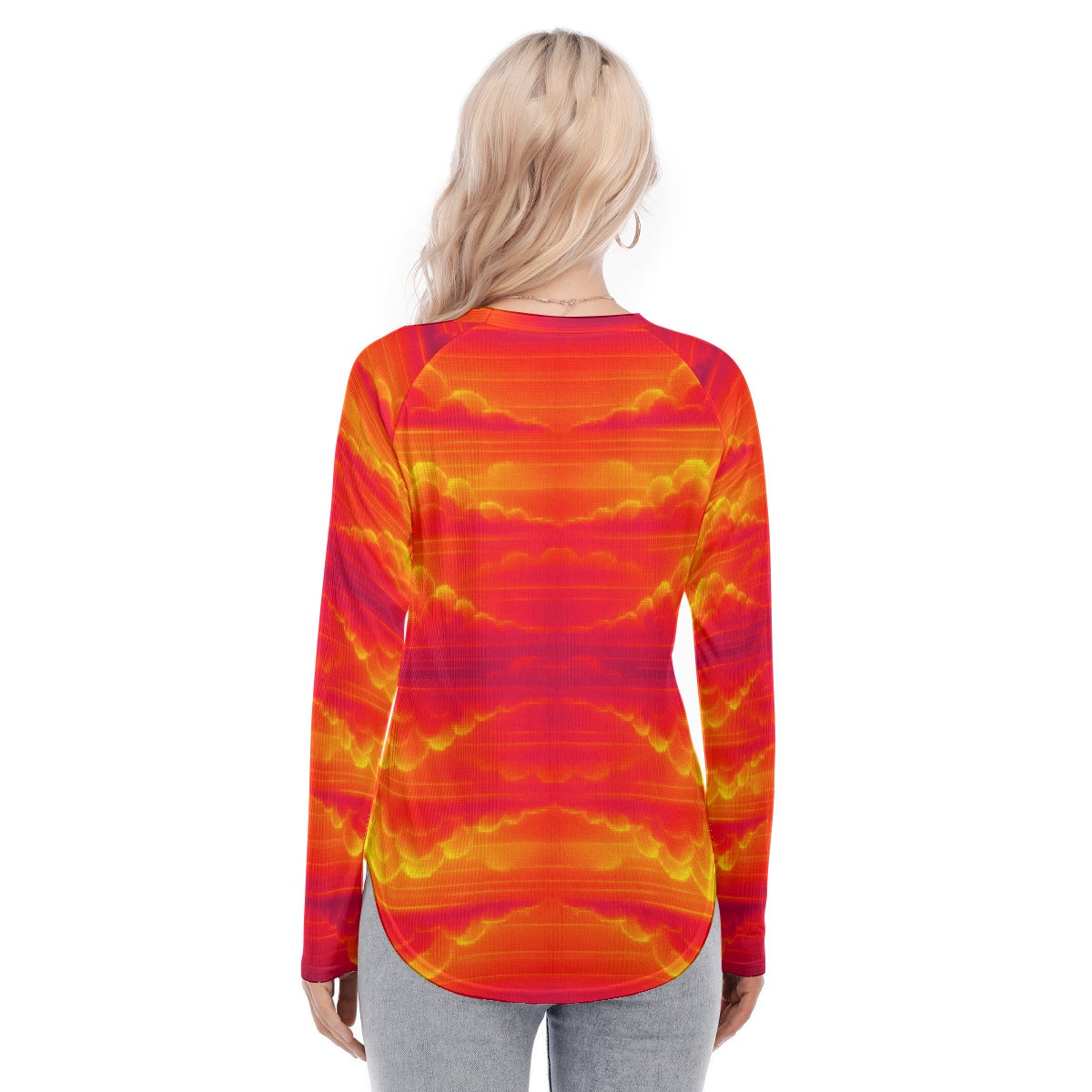 Women's Raglan Sleeves U-Shaped Hem Long Sleeves Blouse