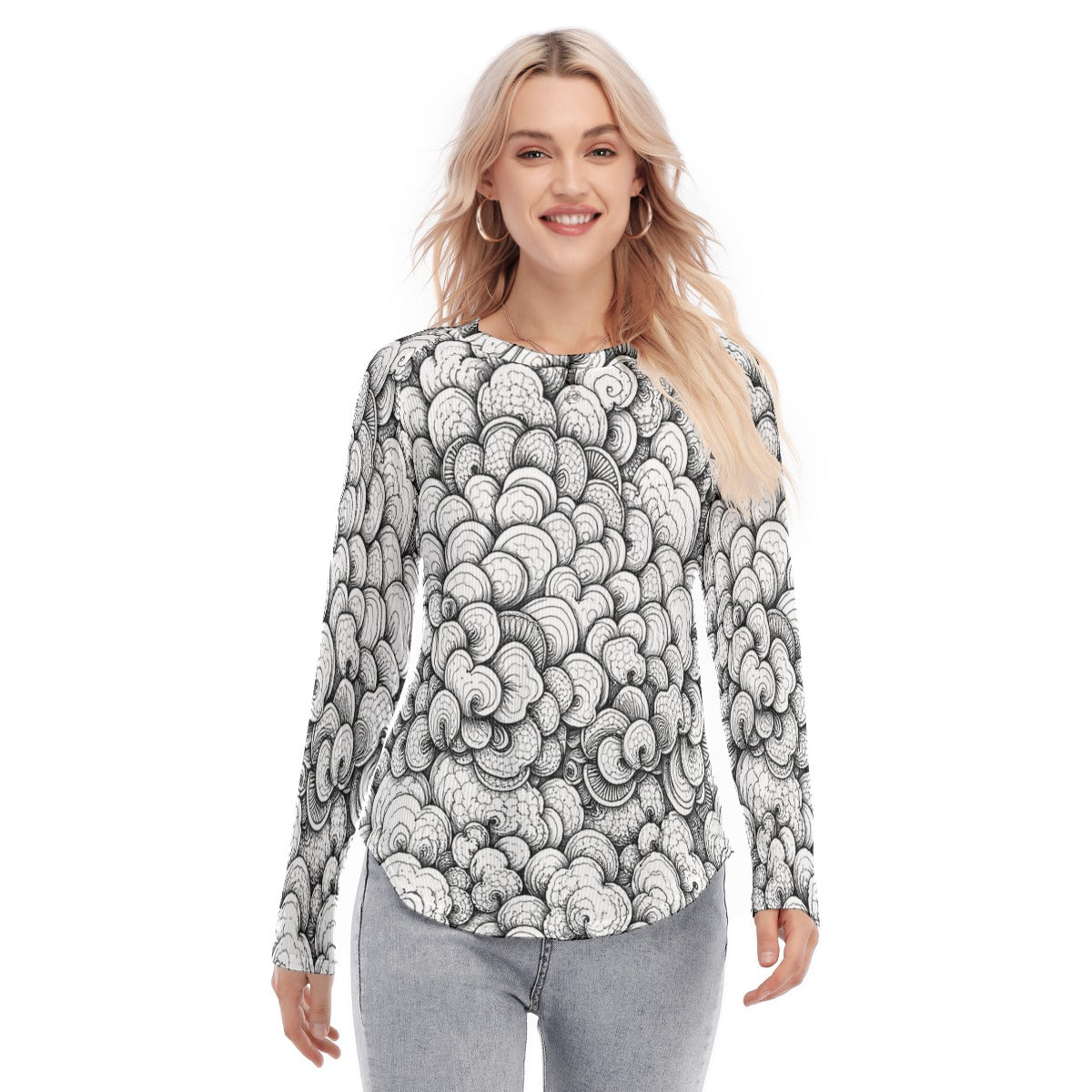 Women's Raglan Sleeves U-Shaped Hem Long Sleeves Blouse