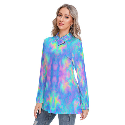 Women's Long-sleeved Heap-neck Slim Casual Tunic Blouse