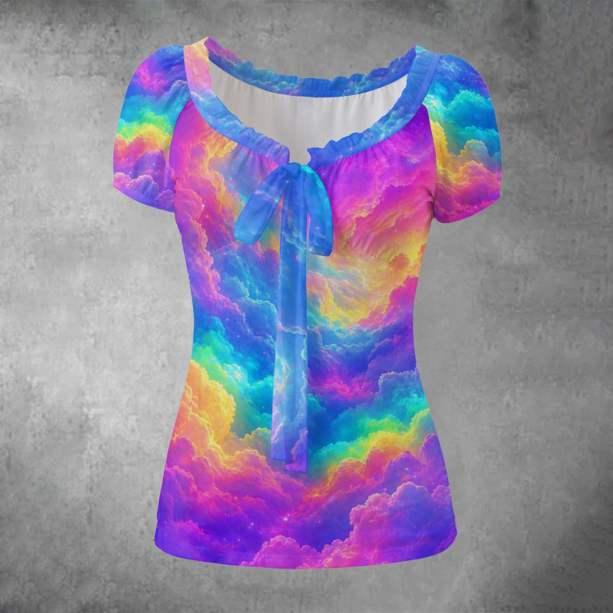 All-over print Women's Puff Sleeve Pleated Shirt