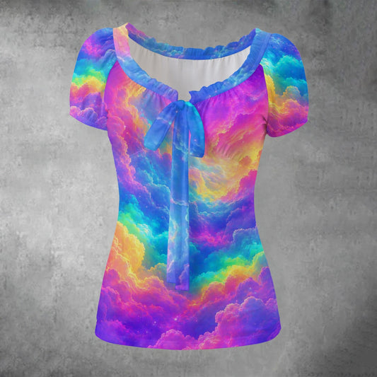 All-over print Women's Puff Sleeve Pleated Shirt