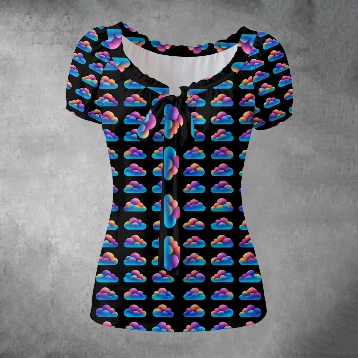All-over print Women's Puff Sleeve Pleated Shirt