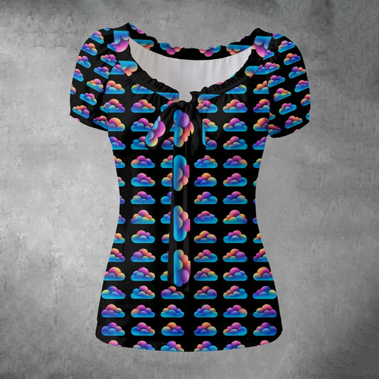 All-over print Women's Puff Sleeve Pleated Shirt
