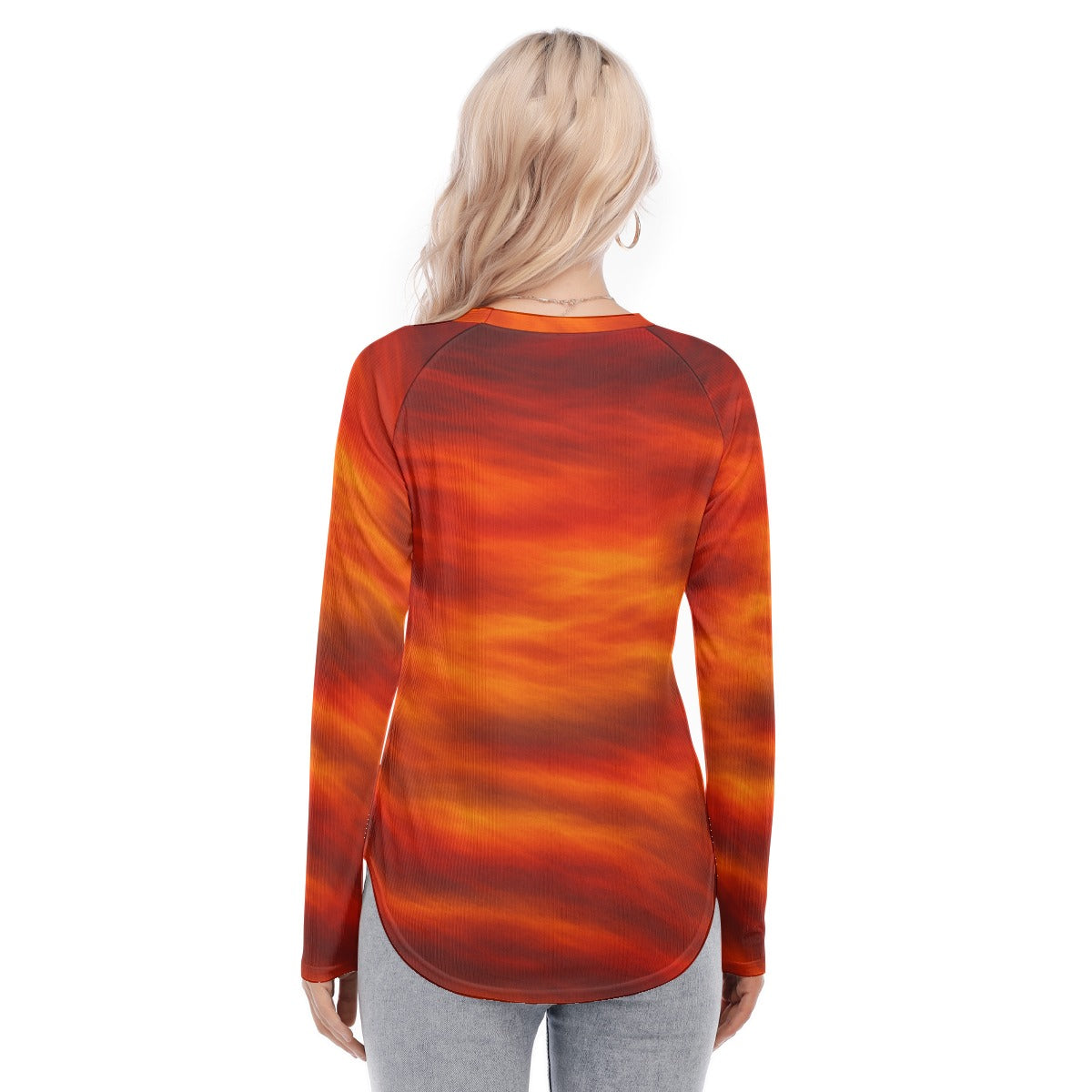 Women's Raglan Sleeves U-Shaped Hem Long Sleeves Blouse