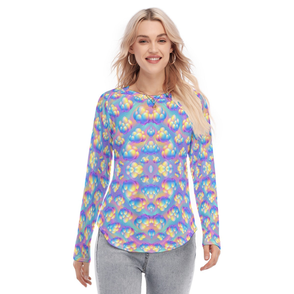 Women's Raglan Sleeves U-Shaped Hem Long Sleeves Blouse