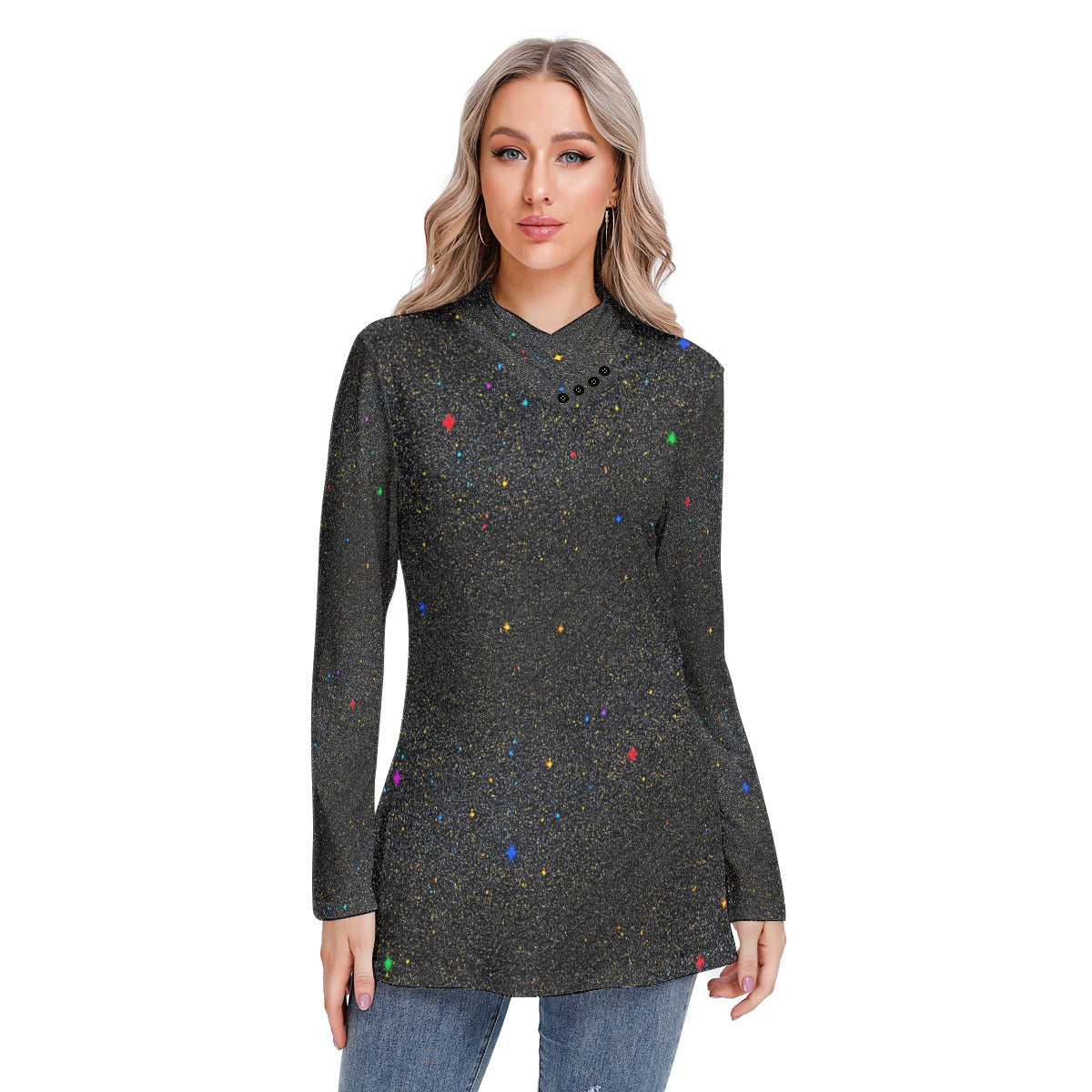 Women's Long-sleeved Heap-neck Slim Casual Tunic Blouse