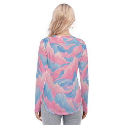 Women's Raglan Sleeves U-Shaped Hem Long Sleeves Blouse