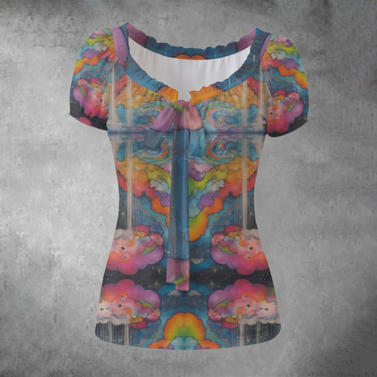 All-over print Women's Puff Sleeve Pleated Shirt