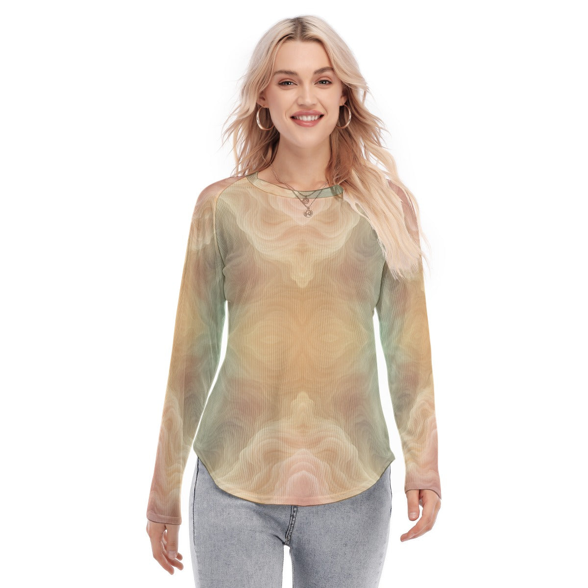 Women's Raglan Sleeves U-Shaped Hem Long Sleeves Blouse