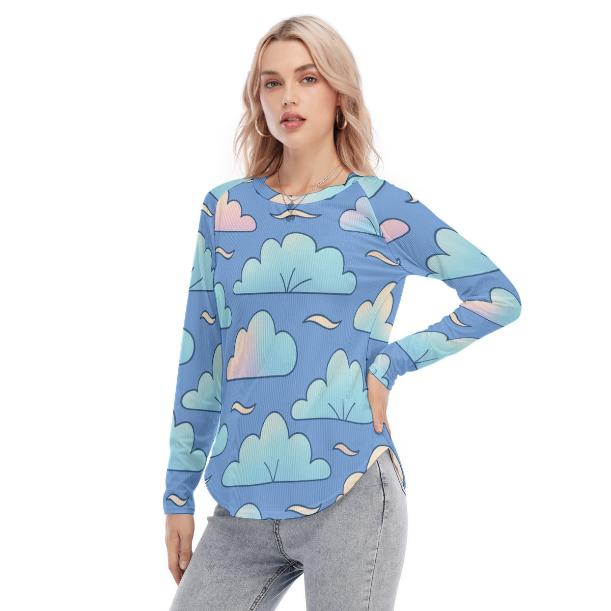 Women's Raglan Sleeves U-Shaped Hem Long Sleeves Blouse