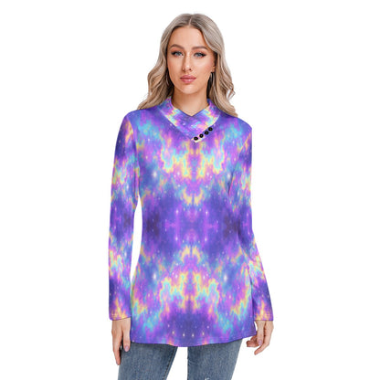 Women's Long-sleeved Heap-neck Slim Casual Tunic Blouse