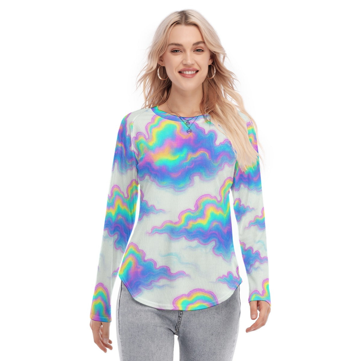 Women's Raglan Sleeves U-Shaped Hem Long Sleeves Blouse