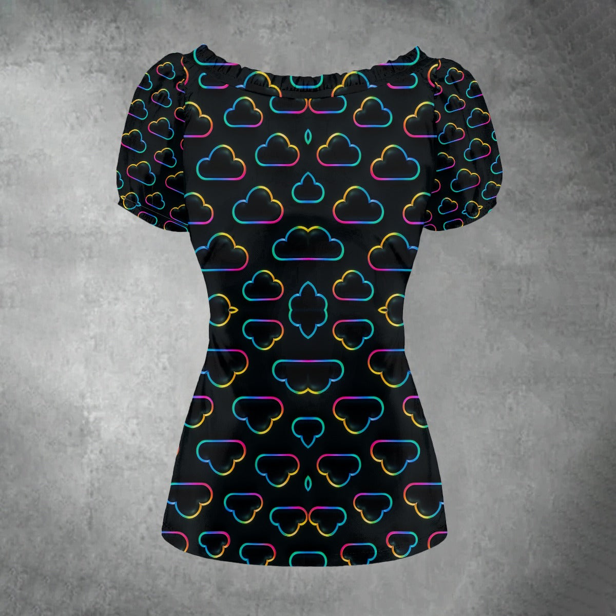 All-over print Women's Puff Sleeve Pleated Shirt