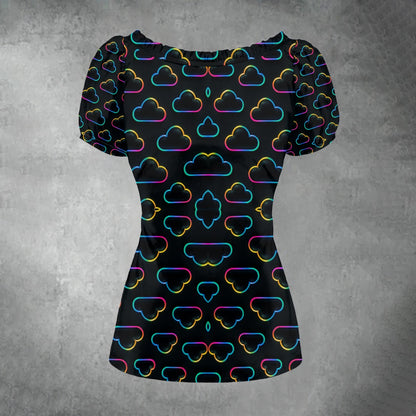 All-over print Women's Puff Sleeve Pleated Shirt